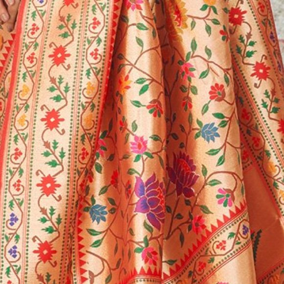 JHEAPS DARK GOLD RED PAITHANI WOVEN SILK FLORAL SAREE - Picture 3 of 5